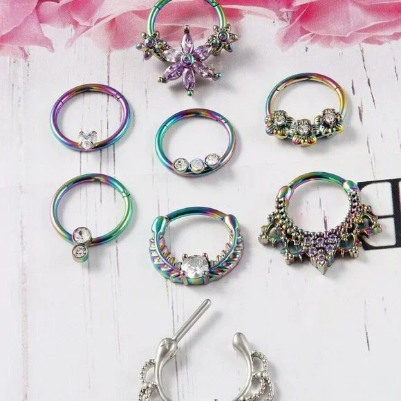 Septum Daith Earrings 16g Stainless Steel Rainbow Rose Gold Piercing Jewelry - Picture 5 of 6